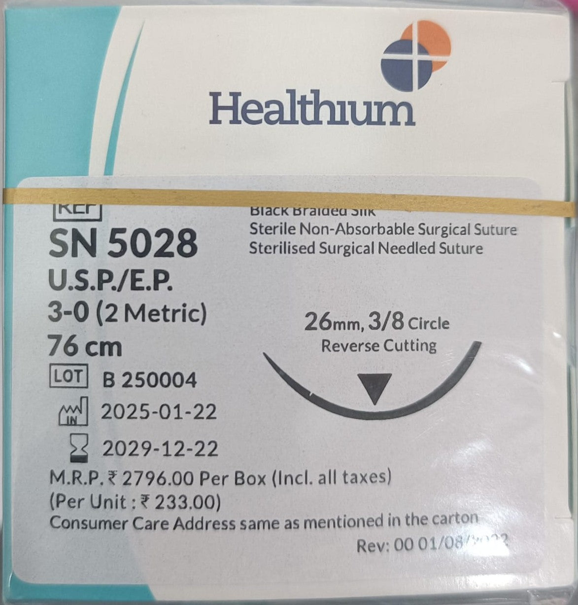 Healthium Black Braided Silk Sterile Non-Absorbable Surgical Suture SN5028