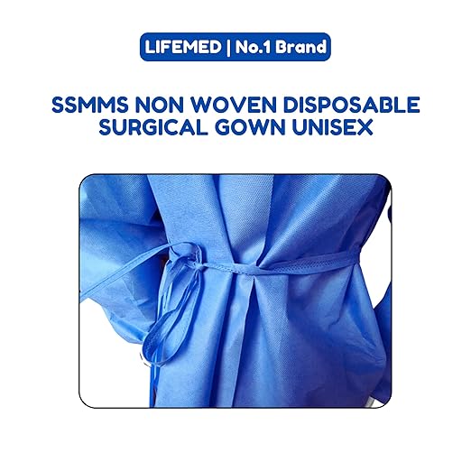 Lifemed Disposable Surgical Gown in Blue | Nonwoven SMS Fabric, 43 GSM, 48-inch Length, Knitted Cuff, Fluid Resistant | For Hospital & Surgical Use (Pack of 1)