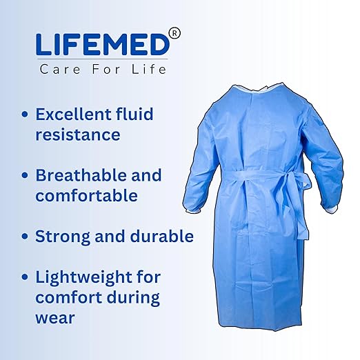 Lifemed Disposable Surgical Gown in Blue | Nonwoven SMS Fabric, 43 GSM, 48-inch Length, Knitted Cuff, Fluid Resistant | For Hospital & Surgical Use (Pack of 1)