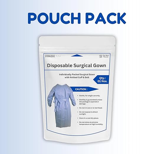 4Lifemed Disposable Surgical Gown in Blue | Nonwoven SMS Fabric, 43 GSM, 48-inch Length, Knitted Cuff, Fluid Resistant | For Hospital & Surgical Use (Pack of 1)
