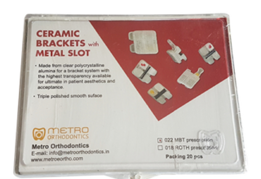 Metro Orthodontics Ceramic with Metal Slot Pack of 20 Conventional Brackets - 022 MBT